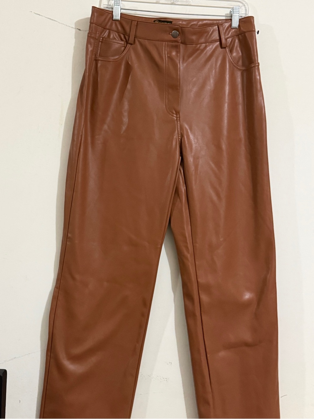 Shinestar Wide-Leg Faux Leather Pants in Cognac Brown